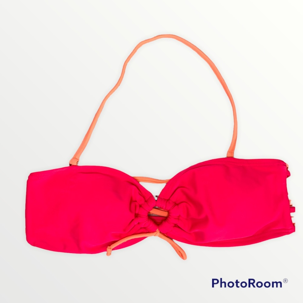 Pink and Orange Bandeau Bikini Top Circle Tie String Straps Back Size Small